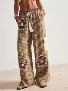 Bohemela BOHO Women's Loose Country Vacation Style Woven Plaid Patchwork Low Waist Straight Leg Pants, Summer