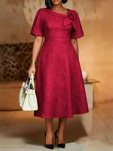 Plus Size Women's Jacquard A-Line Dress, 3D Flower Short Bubble Sleeves, High Waist Elegant Casual Office Evening Gown