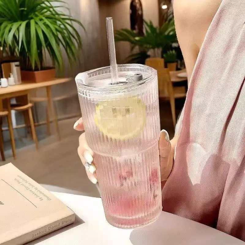 2pcs Vertical Striped Glass Cups Set with Lids and Straws, Multipurpose High Aesthetic Water Glasses for Women, Home Use Cold Drinks Coffee Mugs, Drinkware
