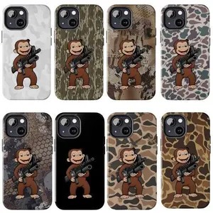 Funny Curious George Monkey With Machine Gun Camo Art Heavy Duty Tough Phone Case Shockproof Drop Protection Durable Hard Cover Trendy for iPhone 11 12 13 14 15 16 17 Pro Max Plus