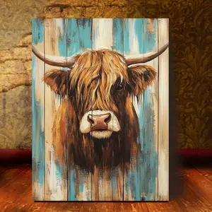 A Unique Style Highland Cow Canvas Wall Hanging - Wooden Frame, Ready to Hang, Perfect for Bedroom and Living Room Decoration, Living Room Artwork| Pastoral Style Wall Hanging| Durable canvas, cow decoration