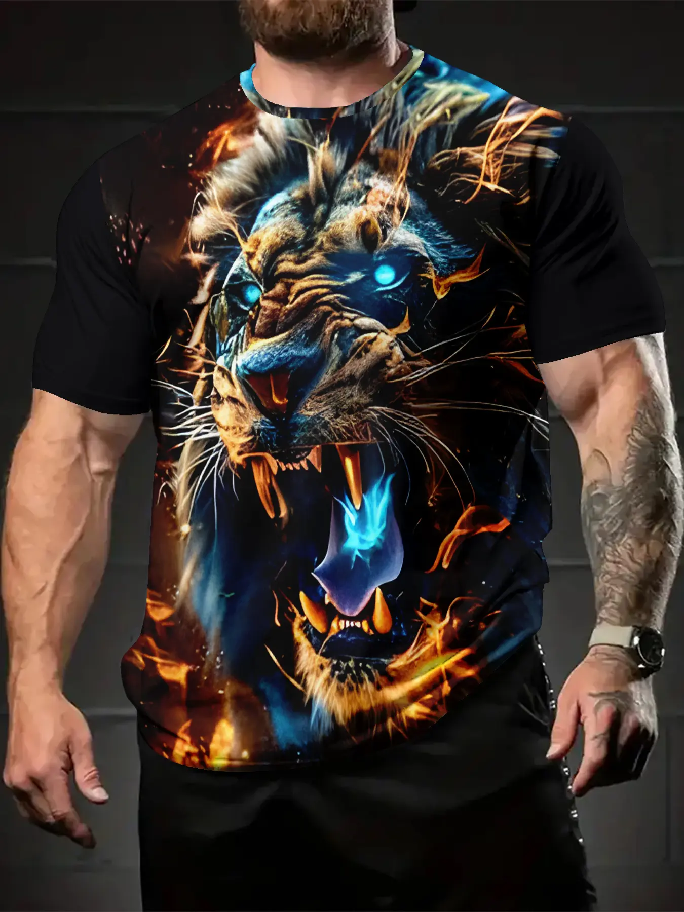 Men's Summer Flame Lion T-Shirt, Menswear, All-over print Tropical Graphic short-sleeved top with vibrant orange and blue flame design, Regular fit casual, Streetwear, Machine washable, outdoor activities, Plus size comfort fit