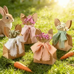 Easter Bunny Bow Party Gift Bags, Rabbit Shape Box with Ribbon, Easter Gift Wrapping Supplies, Cowhide Paper Ear Bag, Spring Wedding Decor, Gift Boxes, Themed Gift Box