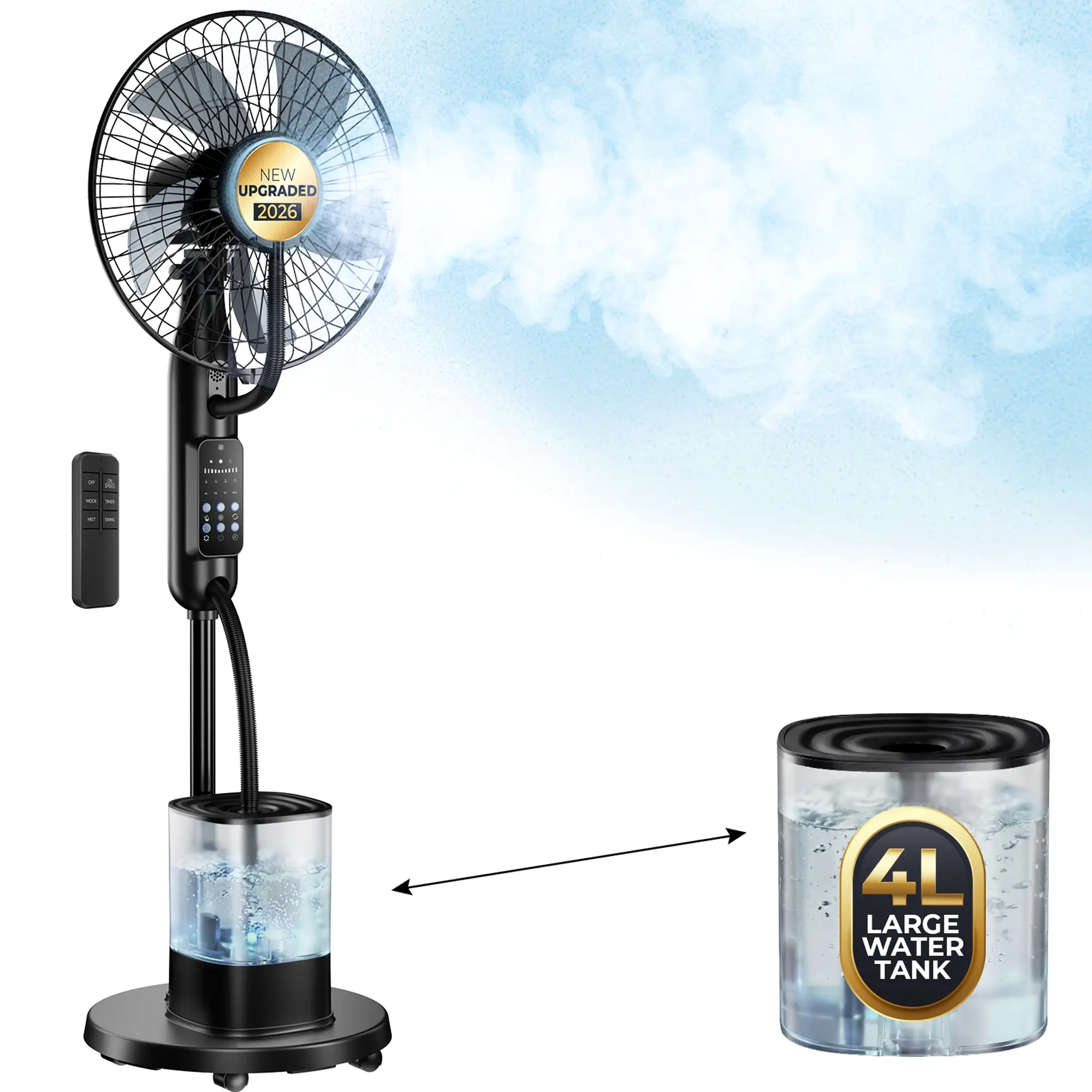 Mister Cooling Fan, 5 Speeds 3 Modes Misting Standing Fan, 4L Large Water Tank Floor Fan with Remote for Home, Bedroom, Patio, Outdoor