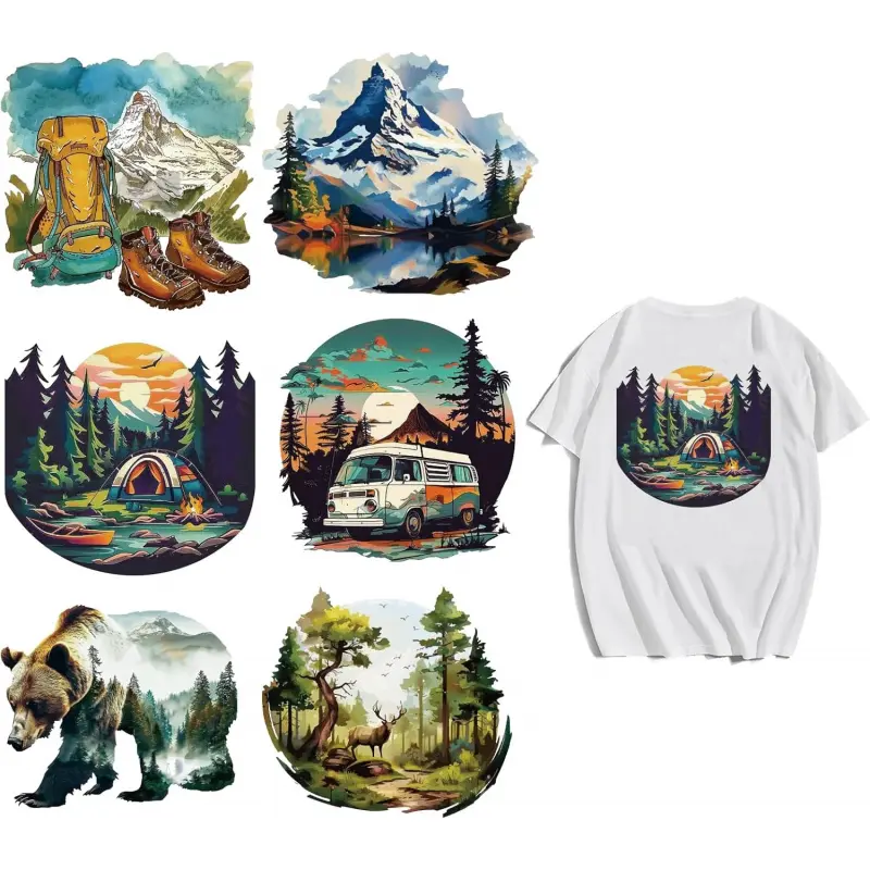 arricraft 6 Sheets Adventure Iron on Decals Patches, Shoes Bag Camping Car Iron on Stickers Mountain Forest Heat Transfer Stickers PET Washable Patches for DIY Clothes Decor, 7.8 inch(20cm) Long
