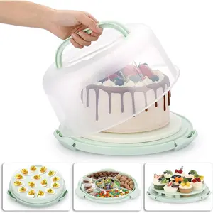 Portable Cake Carrier with Lid and Handle, Devil Egg Container + Cupcake Storage Tray for Transport, 10 Round Cake Container Holder with Two Sided Base for Pies Cookies Nuts Fruit, Green