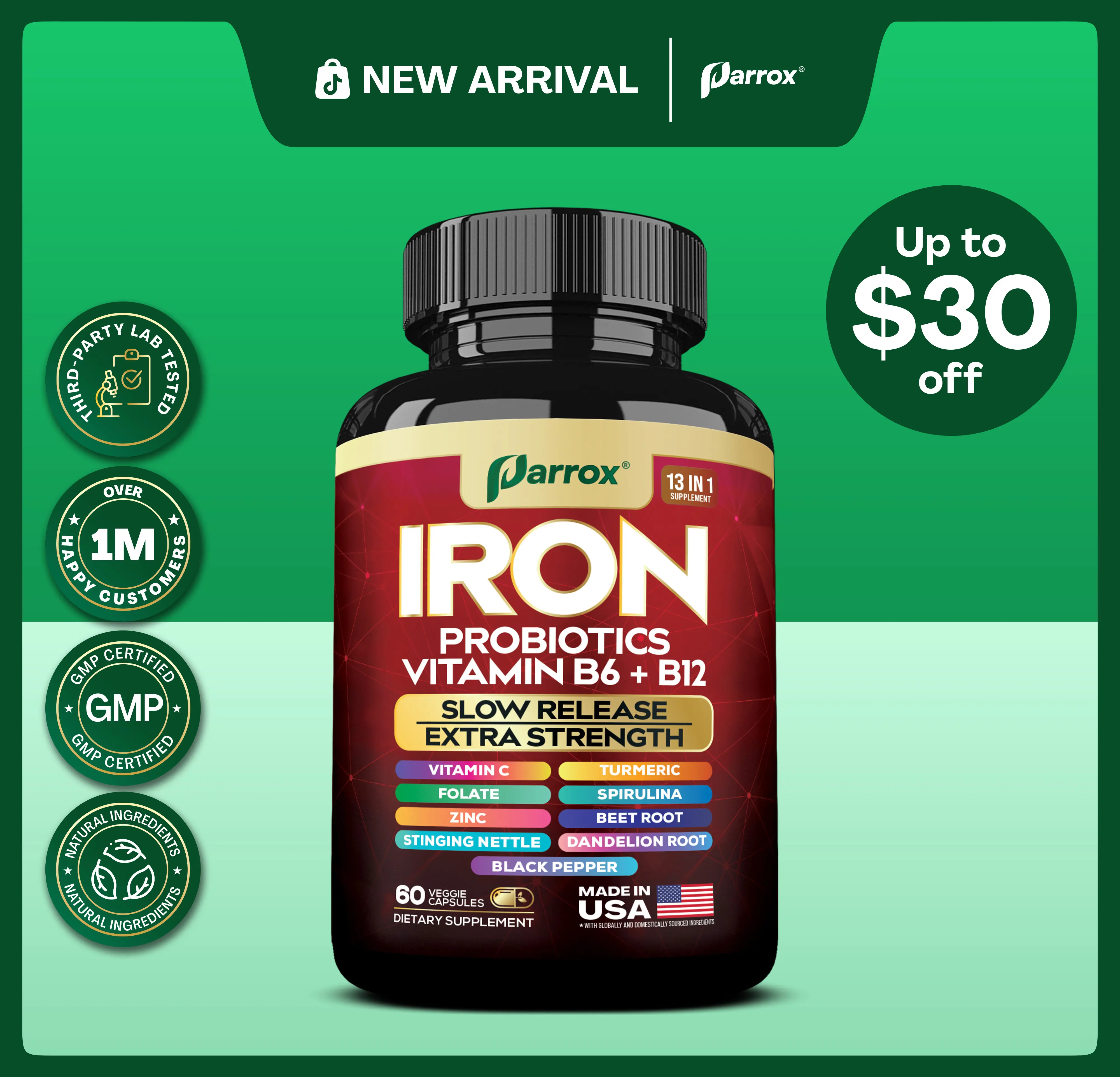 PARROX Iron Supplement - 13 in 1 Women's Menstrual Cycle Support with Iron, Probiotics, Vitamin B6 + B12 & More - 60 Capsules - Made in USA