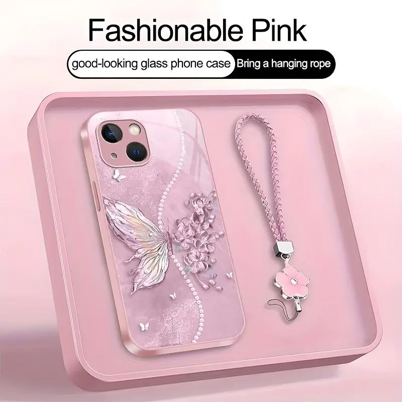 Suitable for [iPhone 13] high-end phone case，a beautiful four-leaf clover lanyard is included,exquisite and dreamy butterfly pattern,a variety of colors are available for you to choose from YM99