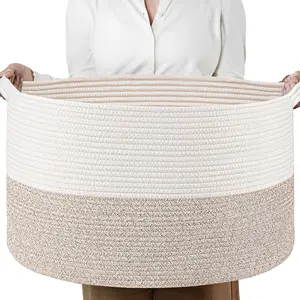 Sowyem Woven Rope Basket with Handle,XXXLarge, Cotton (21.7" x 21.7" x13.8") Laundry Hamper For BabyLaundry, Blanket, Toy, StorageComforter Cushions, Light Brown