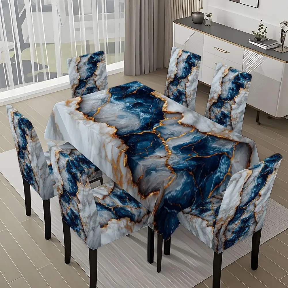 5/7-piece 2D Flat Printing Blue White Gold Marble Texture Printing Pattern Tablecloth and Chair Cover Set, for dining table and chair decoration, perfect for home, holiday gatherings, restaurants, and parties, Slipcover