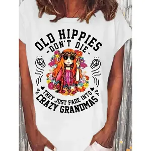 Women's Casual T-Shirt - 'Old Hippies Are Not Dead' White Tee with Floral & Peace Sign, Machine Washable, Hippie Clothing Cotton Top