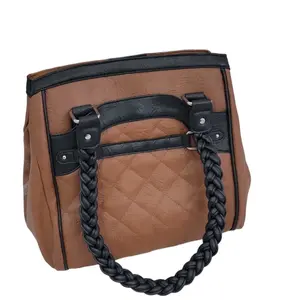 Braided Shoulder Bag Purse Tote Hand Bag PU Leather Brown/Black Medium Size Conceal Carry Pocket Includes Holster