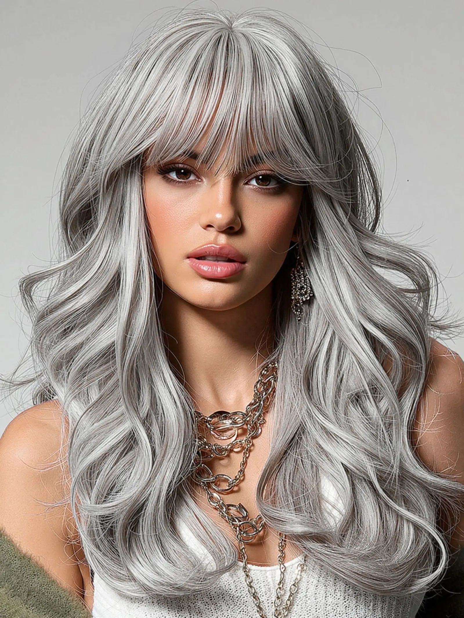20 Inch Wavy Bangs Wig, Versatile Style for Women, High Temperature Synthetic Material, Heat Resistant Fiber, Synthetic Material Wigs, Wave With Bangs, Hairstyle Wigs