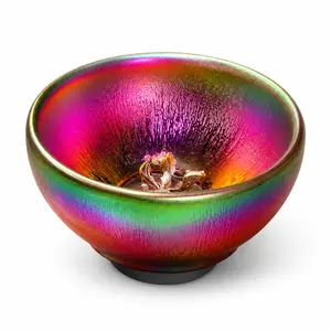 Iridescent Rainbow Glaze Tea Cup, Ceramic Gongfu Tea Cup with 3D Goldfish Detail, Tenmoku Style Chinese Tea Bowl for Tea Lovers Gift