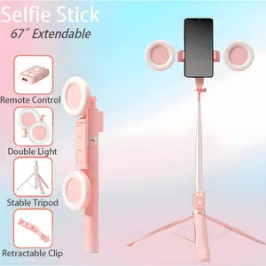 6 in 1 selfie tripod 67" Multifunctional Compact Selfie Stick Tripod with Bluetooth Remote & Ring Light for phone tripod, 360° Rotatable Phone Stand for iPhone & Android, Extendable Vlog Tripod, pink tripod, tiktokshopcreatorpicks
