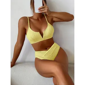Women's Textured V-Wire Bikini Set  Cross Overlap High Waist Tummy Control Bottoms| Padded Push Up Two Piece Bathing Suit Swimsuit| Trendy 2026 Summer Beachwear Vacation Essentials✨Available in multiple colors High Rise Swimwear