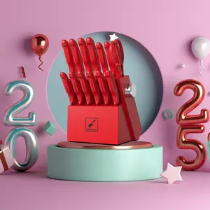 imarku red 14 PCS Knife Set with Block, Sharp Knife Set with Built-in Sharpener, Japanese Stainless Steel Kitchen Knife Set, Best Gift