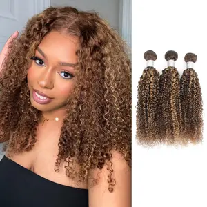 【2025 Super Deal】ALHER P4/27 Ombre Highlight Brown Kinky Curly Human Hair Bundles With 4x4 Closure,12A Track Thick 100% Virgin Human Hair Bundles With 13X4 HD Lace Frontal Ear to Ear Pre Plucked Baby Hair Curly 1/3 Bundles Can Be Restyled #FallFreshness