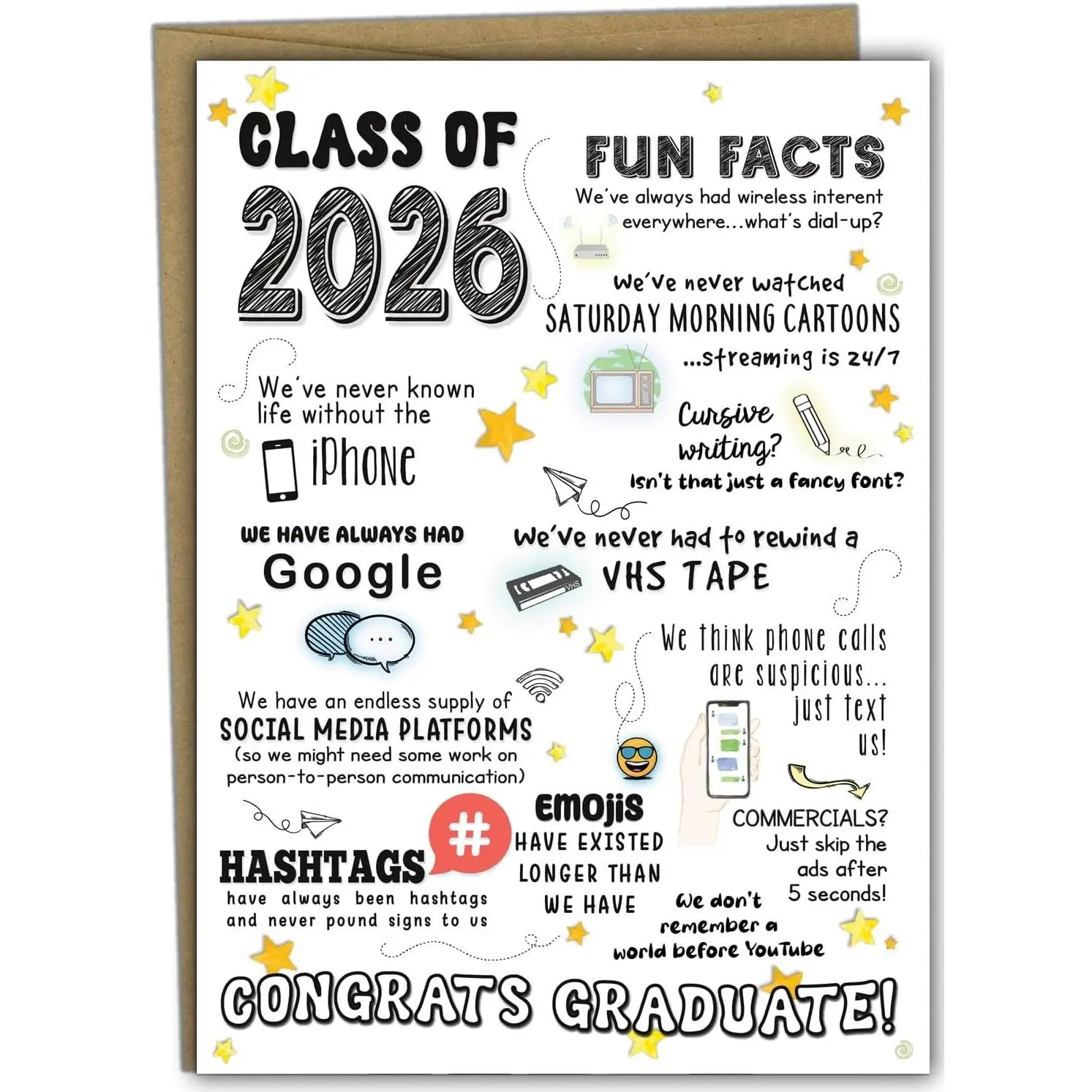 Funny High School Graduation Cards 2026, Class-of-2026 Cards (5x7 inch, Blank Inside) - Grad Gifts for Her, Him | Gift Card with Envelope