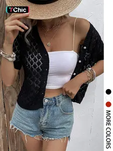 Elegant Women's Spring Summer Fashion Casual Knit Button Front Sweater Short Sleeve Top, Plain Hollow Out Design, Home Leisure Wear