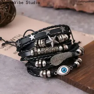 Multi-Layer Woven Leather Bracelet, Trendy Punk Jewelry for Daily Wear