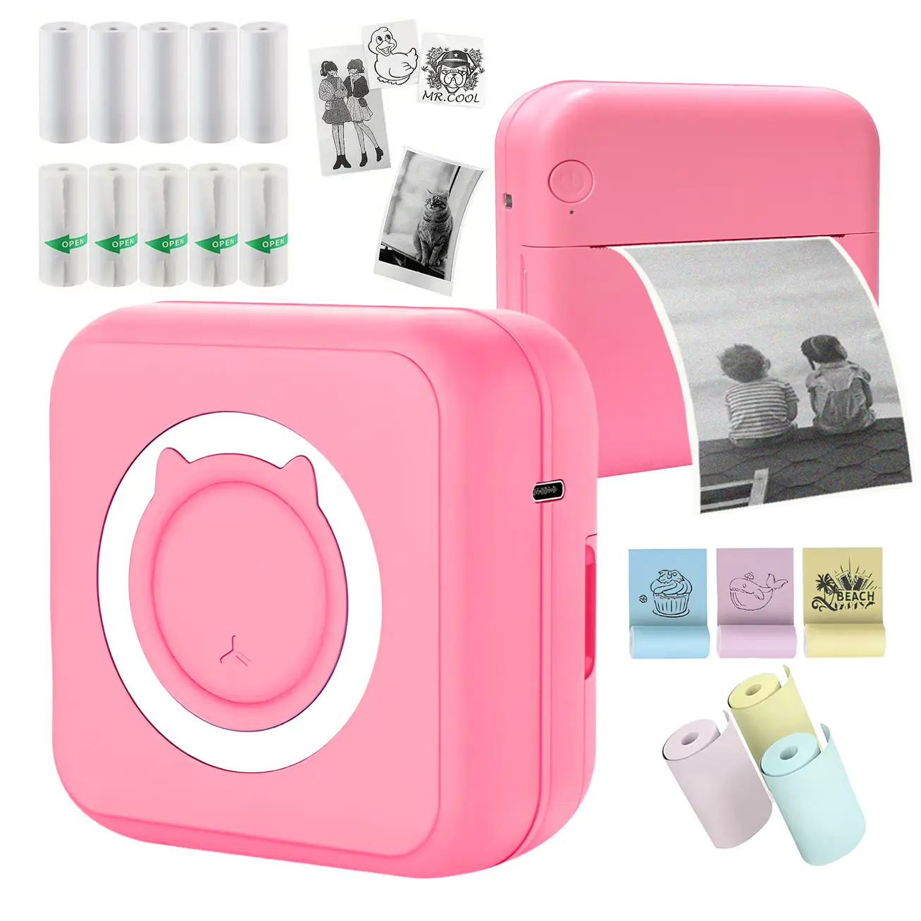Mini Printer Set with 5 Rolls Thermal Paper, 5 Sticker Paper, 3 Color Paper, Portable Thermal Printer, Thermal Label Printer, Portable Handheld Printer, Thermal Pocket Printer, Thermal Label Maker, Inkless Printing Toy Gift for Kids Students