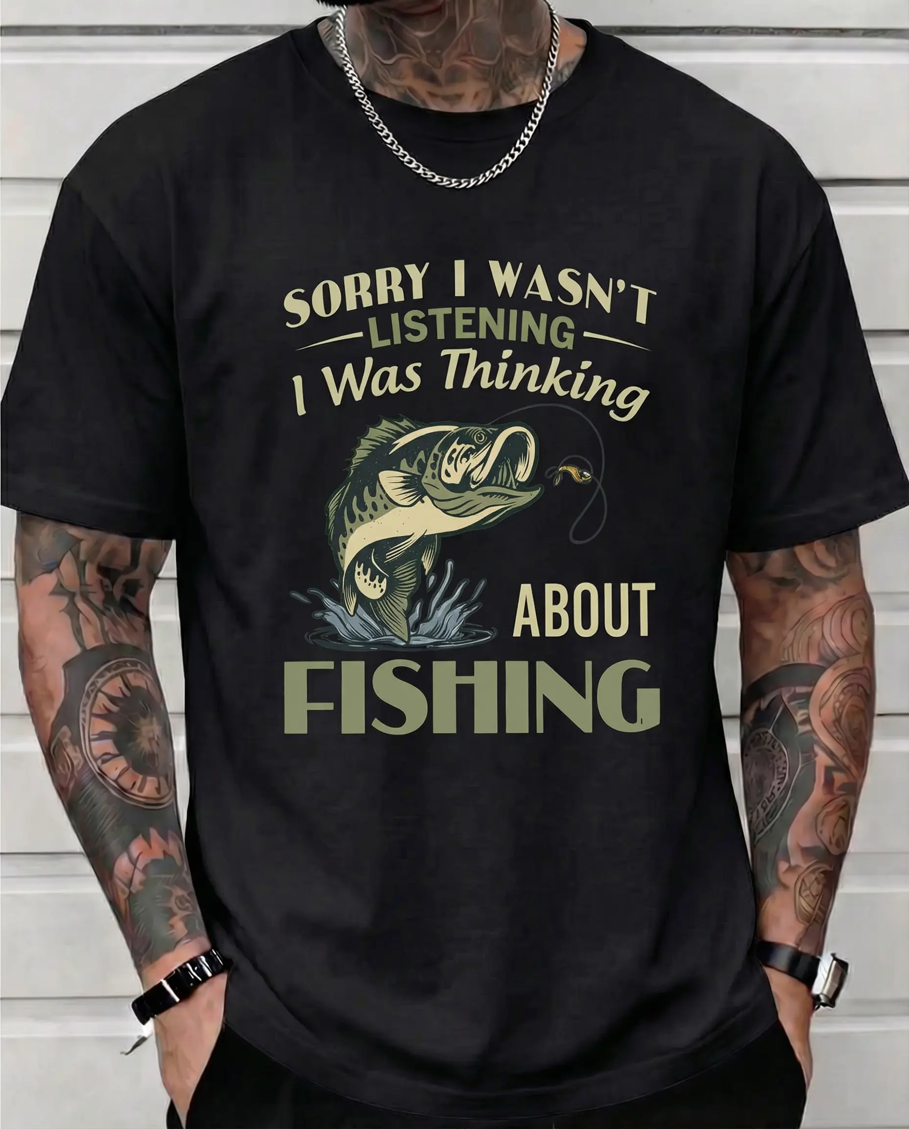 Women's Cotton Print Short-Sleeve Shirt, "Sorry I Wasn't Listening Thinking About Fishing" Graphic Tee, Funny Bass Fisherman Casual Apparel, Father's Day Gift for Dad/Grandpa