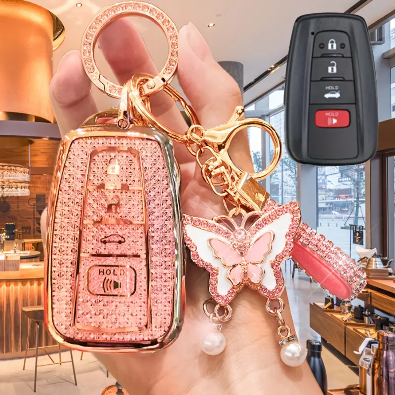Car Key Fob Cover & Keychain with Powder Butterfly Pendant, Tassel & Metal Protector for Toyota RAV4 Camry Corolla Avalon C HR Prius GT86 Highlander (2018-2022) - Pink Zinc Alloy Accessory
