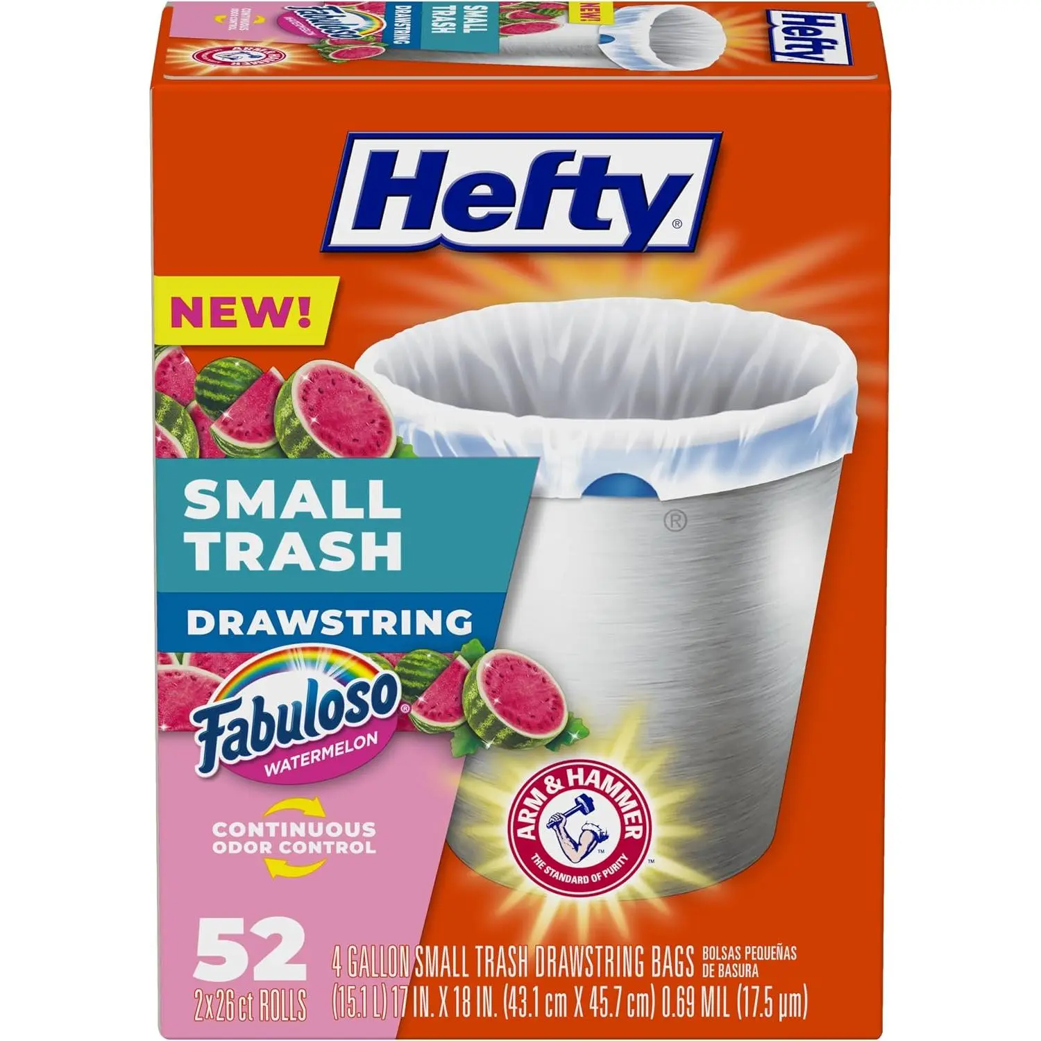 Hefty Small Trash Bags, Fabuloso Watermelon Scent, 4 Gallon, 52 Count