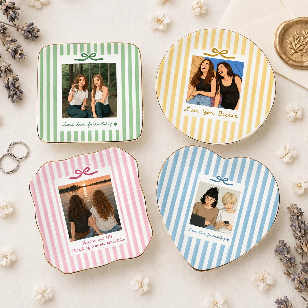 Personalised Bestie Photo Art vector Trinket Dish, Custom Jewelry Ring Dish, Ceramic Trinket Tray for Bestie, Bridesmaid Gift, Birthday Gift for Her