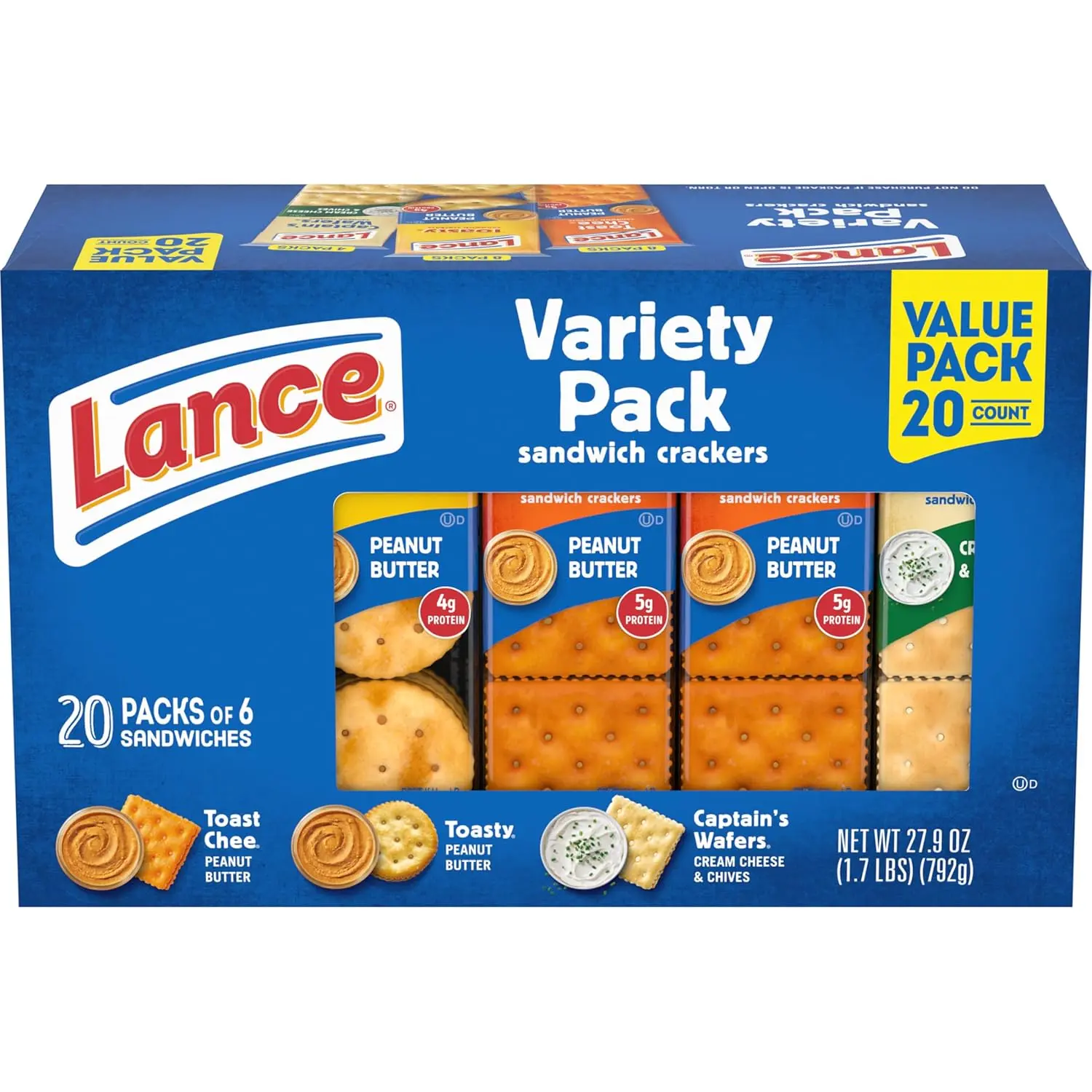 Lance Crunchy Baked Sandwich Crackers Variety Pack - 3 Flavors (Buttermilk Wafers with Cream Cheese & Chives, Peanut, Cheddar Cheese (Milk, Ammonium Bicarbonate)), 20 Individually Wrapped Packages, 6 Crackers Each, Allergy Information Note, Includes Wheat