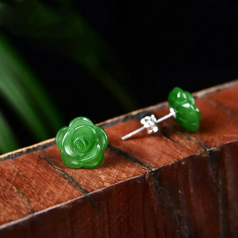 Women's Handmade Pair of Natural Hand-Carved Amethyst & Green Gemstone Rose Flower Stud Earrings, Minimalist Dainty Lightweight Carved Gems Jewelry for Everyday Wear & Gifting, Rose Shape