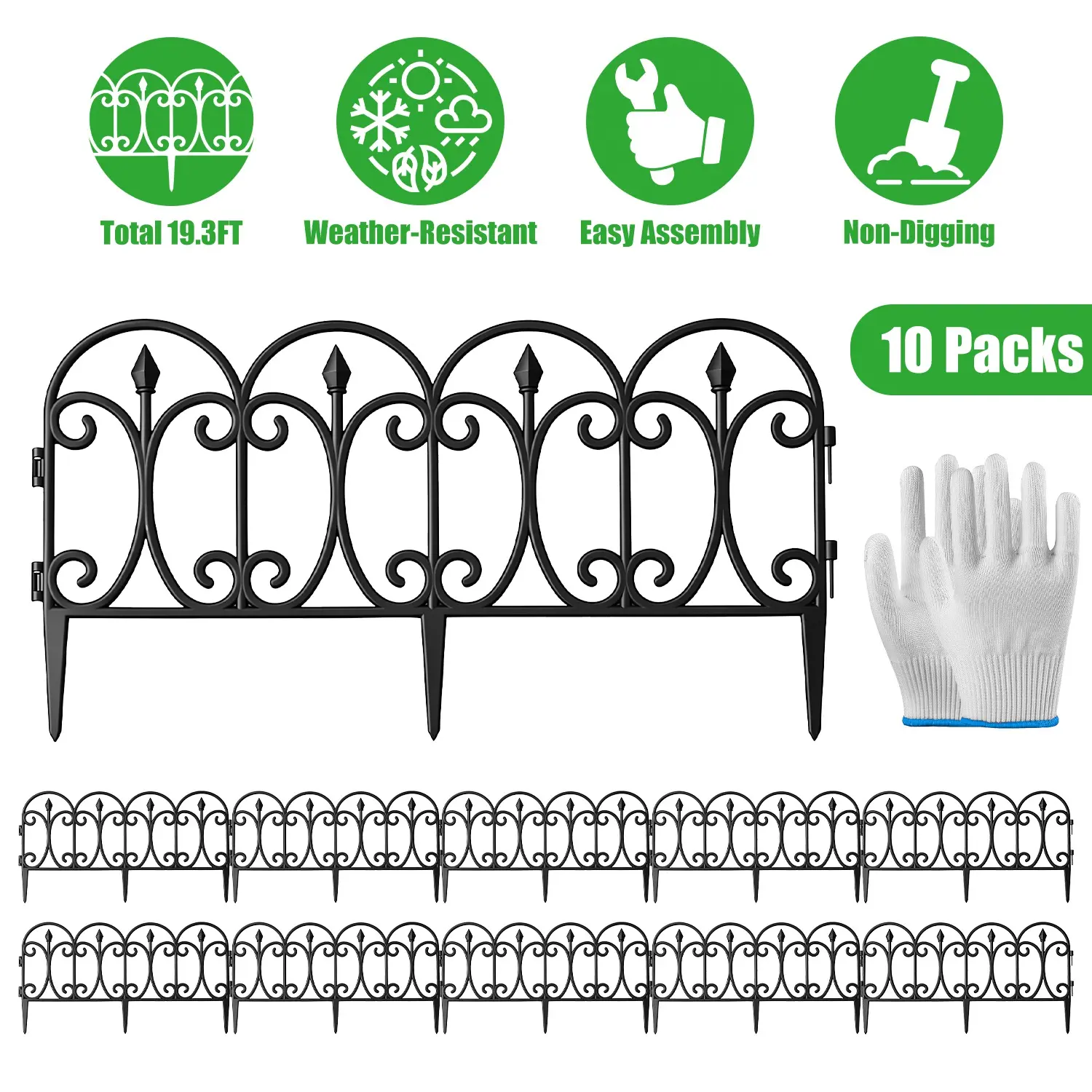 10 Packs PP Plastic Garden Decorative Lawn Edging Borders - Expandable Fence Screen, Adjustable Angle, Rotating Joints, Easy Assembly, No-Dig Spikes, Gloves Included, Outdoor Flower Bed Landscape Fencing, Lattice Fencing Panel, Outdoor Decor