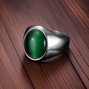 Men's Glamorous Hip-Hop Punk Style Ring - Green Oval Synthetic Gem, Stainless Steel, Fashionable Party & Daily Casual Costume Jewelry Accessory