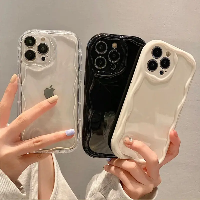 Soft TPU Plastic Protective Cover for iPhone 11/12/12 Pro Max/13/14/15/16/17/17 Air/17 Pro Max/Plus/Mini, Half-Wrapped Wave Pattern Solid Cream Case with Shockproof Transparency & Screen Protector for Enhanced Phone Protection