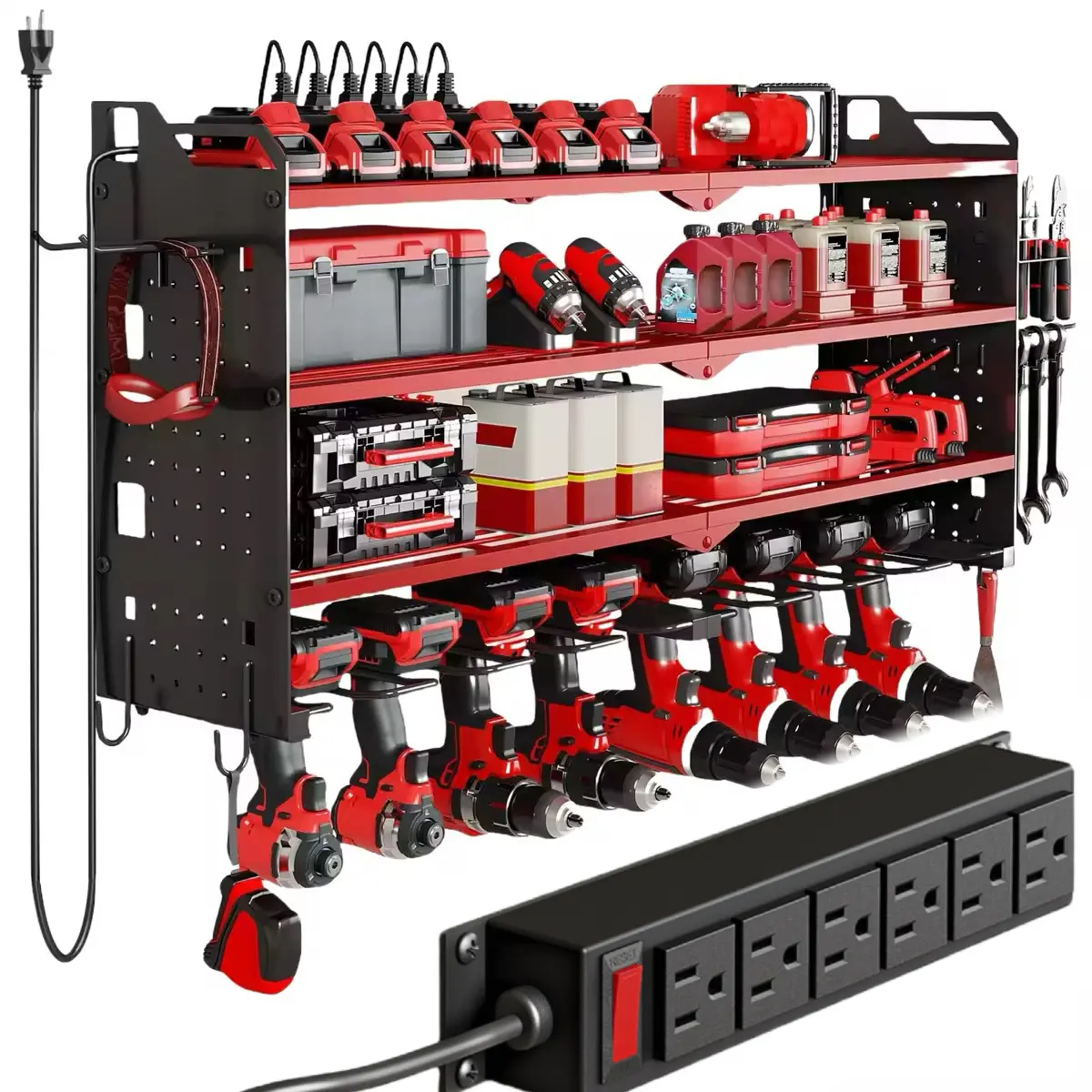 HAUSNEED Wall Mount Cordless Tool Organizer, 4-Layer Garage Tool Storage Rack with 8 Drill Holders & Power Adapter, Heavy-Duty Sturdy Build, Easy Assembly, Necessary Hardware, Optimal Stability, Free Up Floor Space for Home Use, Large Capacity