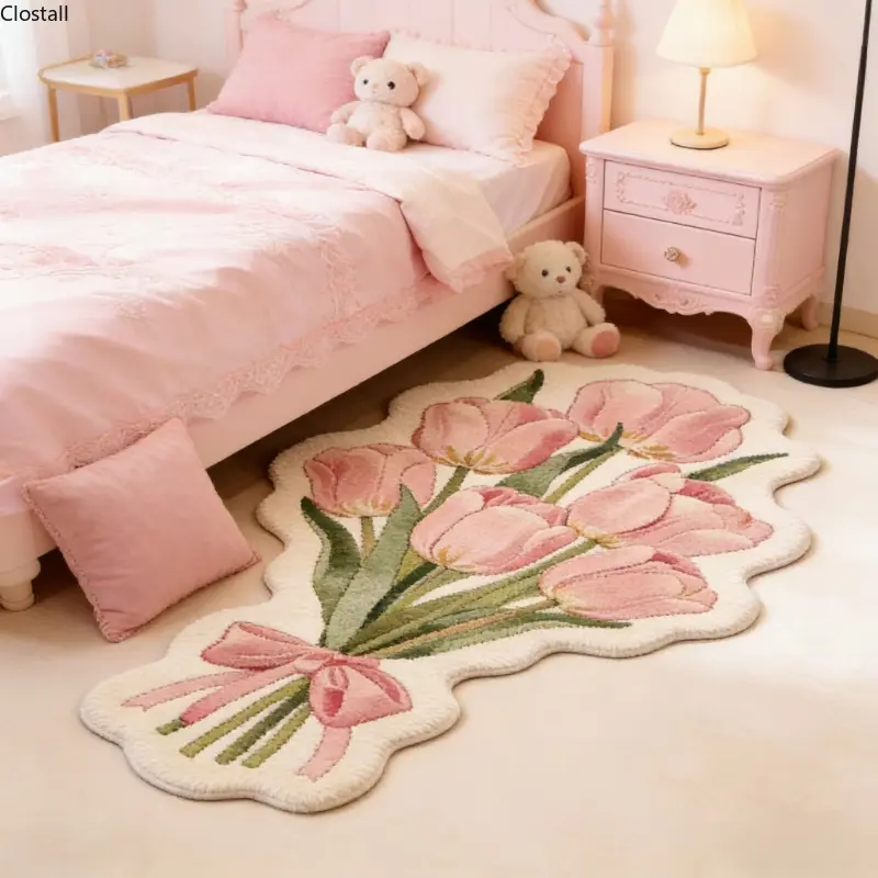 A French romantic pink tulip carpet, Floral pattern rug, 2d three-dimensional bedroom decoration plush carpet fluffy soft home non-slip warm floor mat, Home Decorative Rug, Floral Print Rug