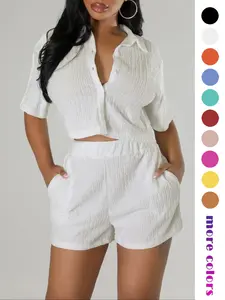 Two-piece Set Women's Textured Fitted Button Front Shirt & Elastic Waist Shorts Set, Chic Casual Style Versatile Short Sleeve Collared Top & Pocket Design Shorts, Elegance Two-piece Outfits for Women, Womenswear, Matching Clothing Set