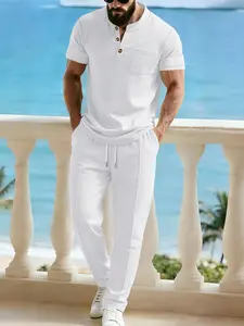 Men's Waffle Knit Two-Piece Set, Chest Pocket Henley Short Sleeve Top + Drawstring Straight Leg Pants, Casual Clothes