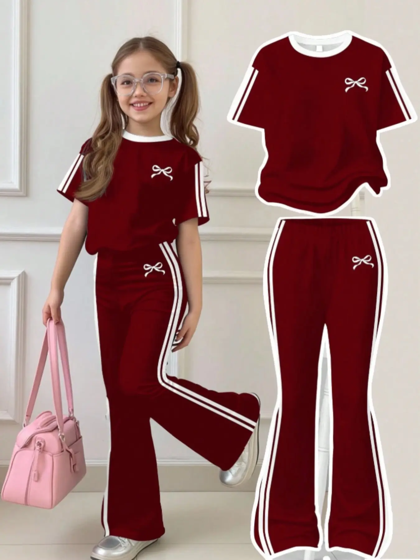 Vintage Striped, Mini Bow Design, Tween Girl Casual Minimalist Stripes Loose Round Neck Short Sleeve T-Shirt and Bell Pants Set, Matching Set, Summer Wear, Striped Sets, Summer Clothes Set, Summer Clothing Set, Set Outfit