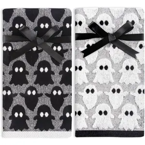 2 Pack Hand Towels Halloween Ghost Black White Bathroom Decorative Towels Set for Drying, Cleaning, Cooking, Holiday 13.7'' x 29.5''