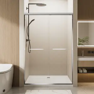60" W x 72" H Chrome Aluminum Frame Double Sliding Shower Door with 1/4" (6mm) Nano-Coated Clear Tempered Glass and Dual Stainless Steel Handles    RR