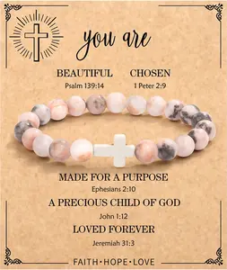 Adjustable Casual Gemstone Female Religious Cross Beads Bracelet, Easter Basket Stuffer & Inspirational Faith-Based Jesus Costume Jewelry, Perfect Gift for Women for Easter & Birthdays