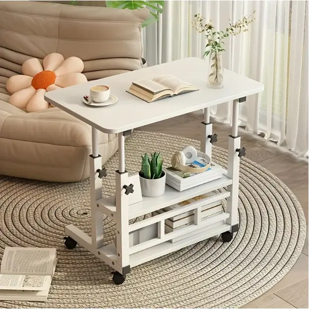 Height-Adjustable Mobile Overbed Table with Rolling Wheels, Dual Shelves, Foldable Metal Frame Pedestal, Office Standing Desk for Bed & Office Use