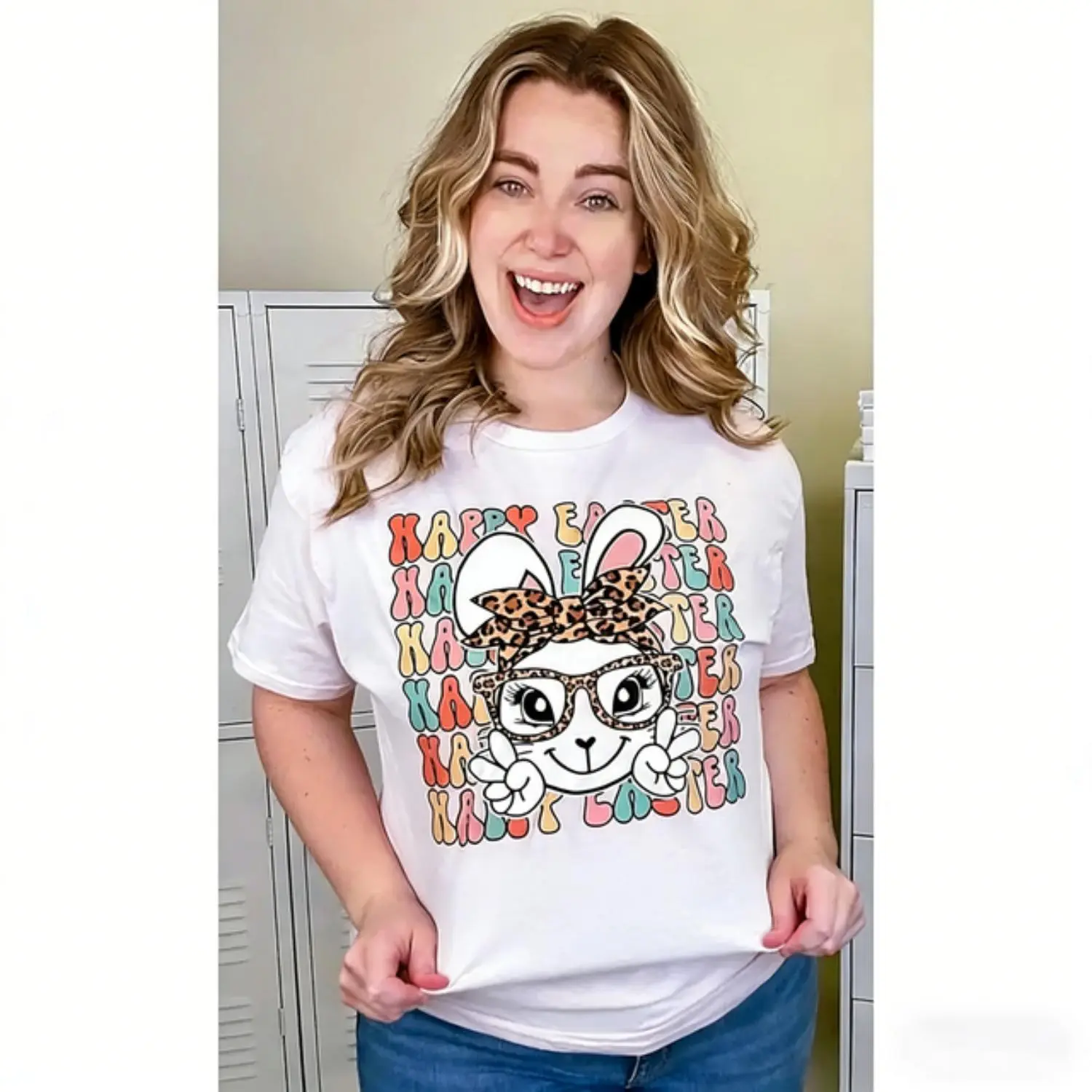 Leopard Happy Easter Bunny Graphic T-Shirt for Festive Celebrations