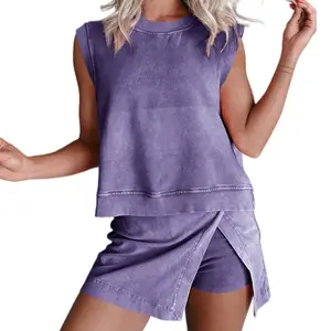 Women's Travel Outfits Summer Lounge Set Two Pieces Mineral Wash Cotton Tank Top Lined Split Athletic Skirt Set, simple and versatile two-piece set with a slit skirt, new summer style pure cotton short-sleeve T-shirt and three-quarter pants two-piece set