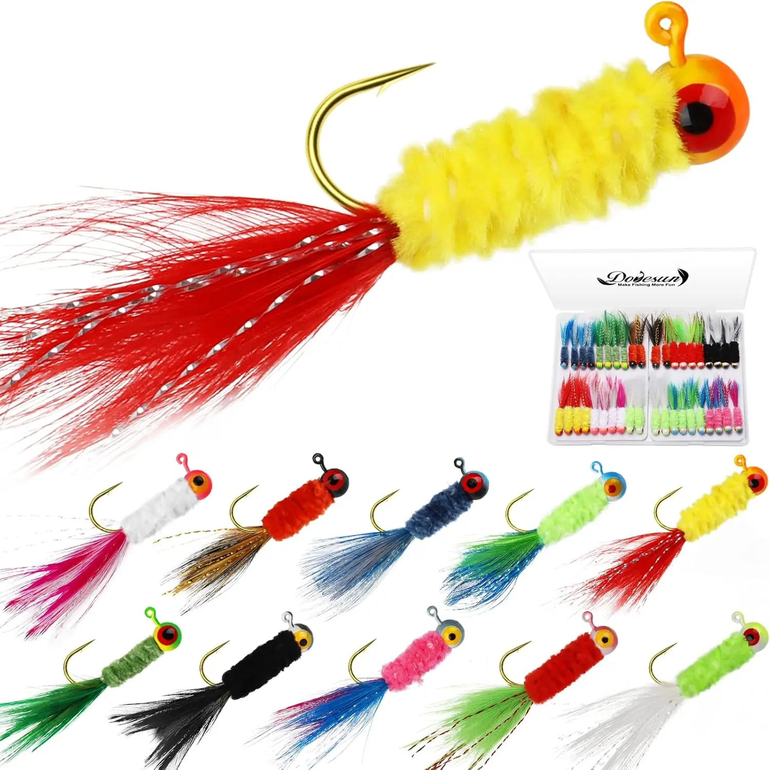 Crappie Jigs (20-40pcs) - Hand-Tied Marabou Feather Jig Heads, Carbon Steel Durable Handmade Fishing Lures, Agile Action Breathing Sensation Bait for Panfish Bluegill, 1/32oz 1/16oz 1/8oz   Ice Fishing Equipment Fly Fishing Lures