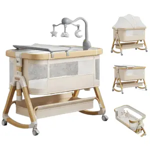 Portable Multi-Function Bassinet  ， multifunctional bassinet that rocks and can be placed by the side of the bed, equipped with a diaper changing station, mosquito net, rotating wind chime, and storage basket, six adjustable height settings, all mes