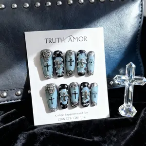 10Pcs TRUTH AMOR Gothic Cross Press On Nails, Medium Coffin Glossy Fake Nails with Lion & Cross Charms, Blue Black Punk Style Reusable False Nail Kit, Nail Art Set, GothicNails, CrossNails, PunkNailArt, PressOnNails