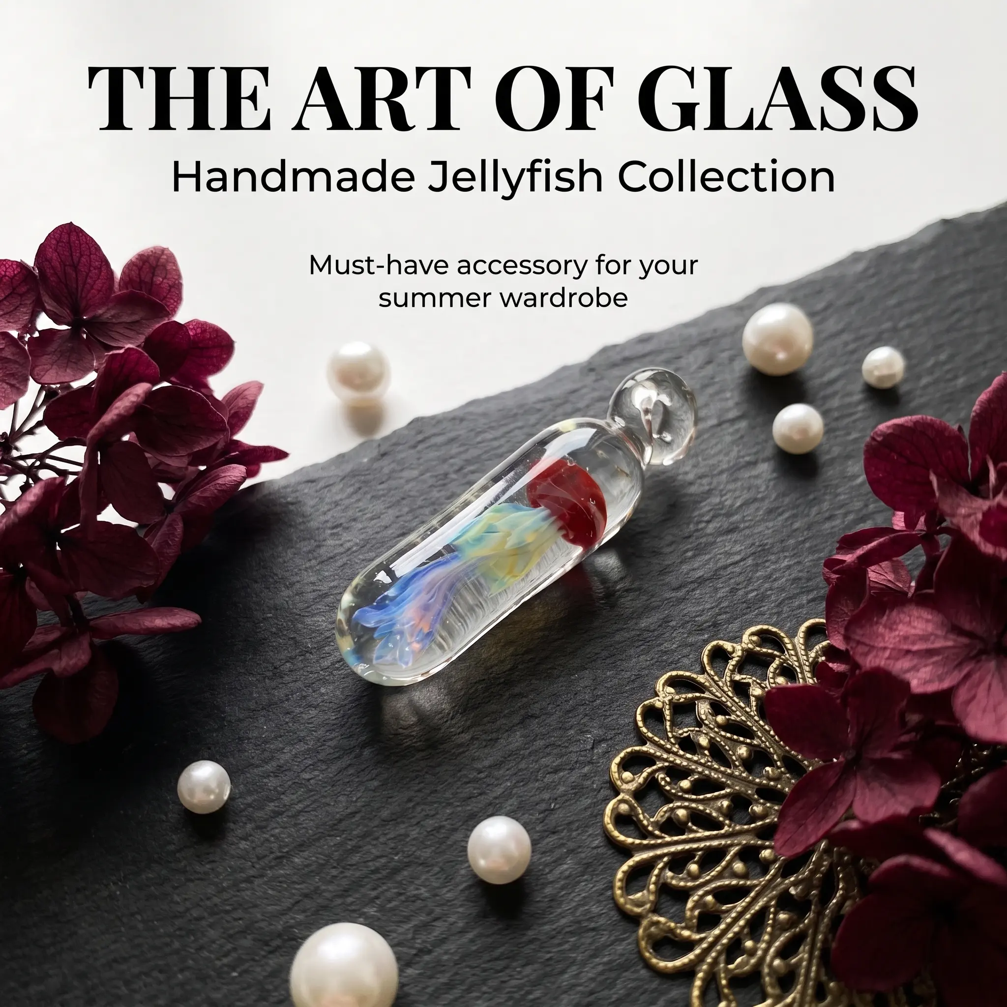 Women's Handmade Hand-Blown Artisan Glass Ethereal Healing Jellyfish Pendant Necklace - Ocean Theme Spiritual Jewelry, 1-of-a-Kind Gift Idea for Female Adults, Sea Lovers
